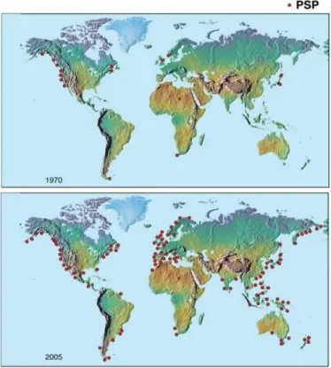 Figure 1.3. The global expansion in the distribution of PSTs in  bivalves and PSP episodes - 1970 versus 2005