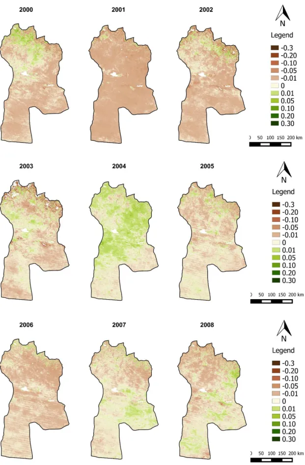 Figure 7.5 | Spatial distribution of NDVI anomalies of April for the period 2000  –  2008