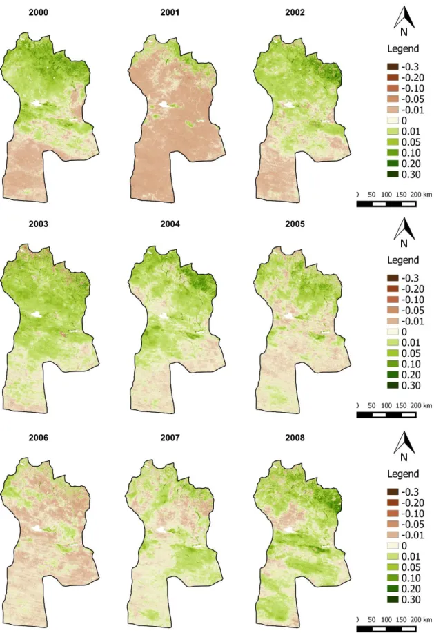 Figure 7.7 | Spatial distribution of NDVI anomalies of May for the period 2000  –  2008