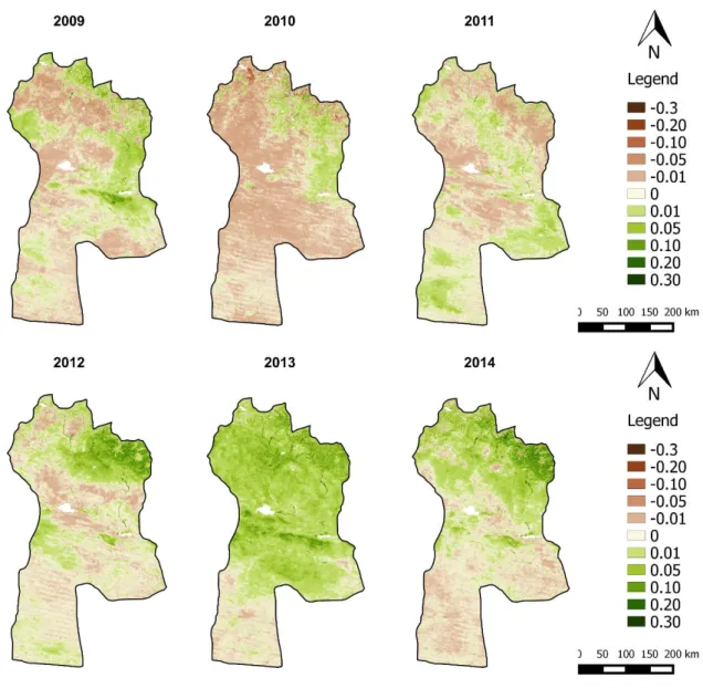 Figure 7.8 | Spatial distribution of NDVI anomalies of May for the period 2009  –  2014