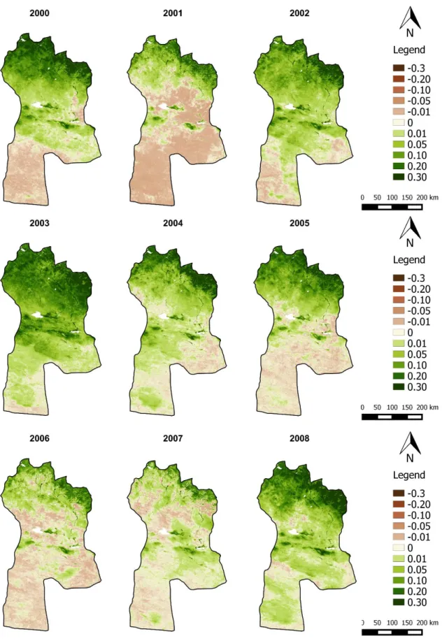 Figure 7.9 | Spatial distribution of NDVI anomalies of June for the period 2000  –  2008