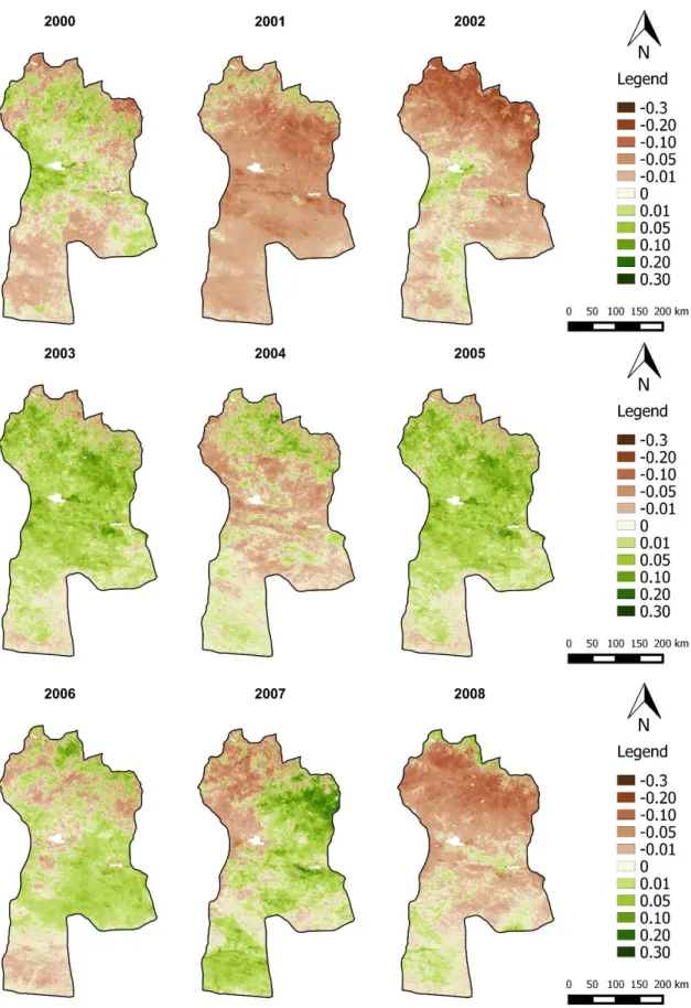 Figure 7.13 | Spatial distribution of NDVI anomalies of August for the period 2000  –  2008