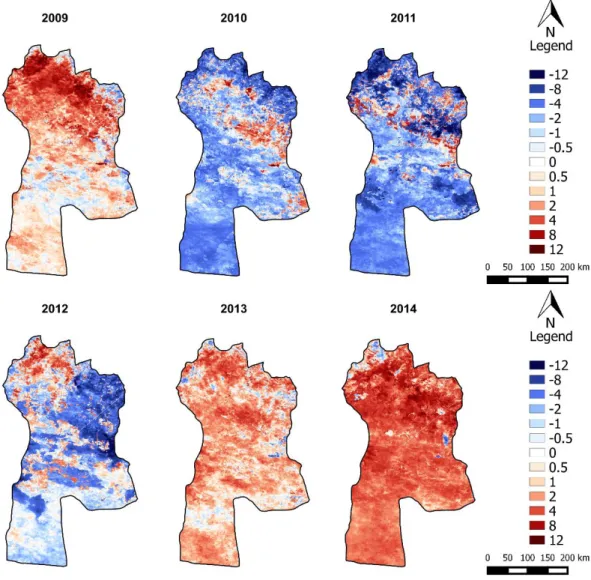 Figure 7.20 | Spatial distribution of LST anomalies of March for the period 2009  –  2014