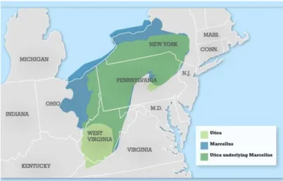 Figure 2.3. Marcellus and Utica shale formations (Marcellus Shale Coalition, 2015) 