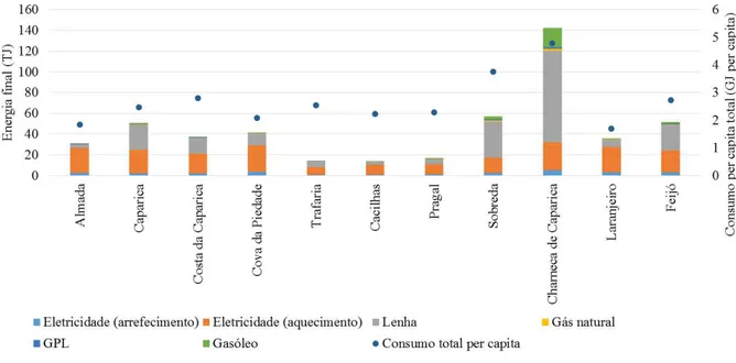 Figura  4.4  –  Consumo  de  energia final  para  conforto  térmico,  nas freguesias de Almada,  por  tipo  de combustível  (2013)