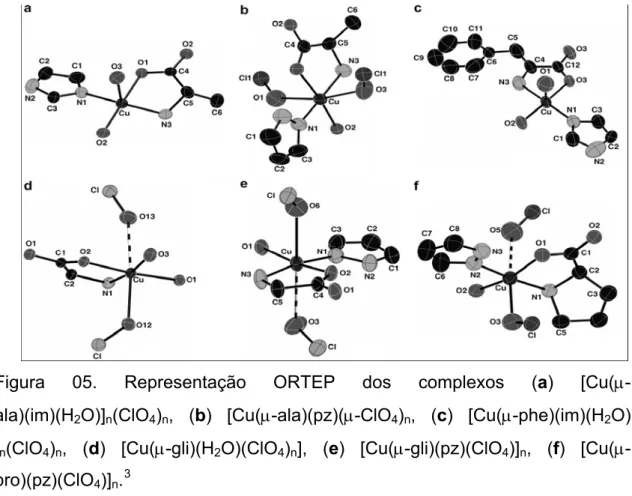 Figura 05. Representação ORTEP dos complexos (a) [Cu(μ- [Cu(μ-ala)(im)(H 2 O)] n (ClO 4 ) n , (b) [Cu(μ-ala)(pz)(μ-ClO 4 ) n , (c) [Cu(μ-phe)(im)(H 2 O)  ] n (ClO 4 ) n , (d) [Cu(μ-gli)(H 2 O)(ClO 4 ) n ], (e) [Cu(μ-gli)(pz)(ClO 4 )] n , (f)  [Cu(μ-pro)(pz