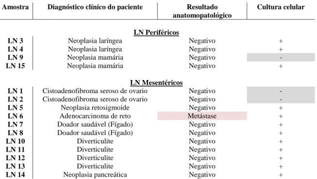 Tabela  1.  Característica  amostral.  Linfonodo  (LN).  Sem  sucesso  no  estabelecimento  da  linhagem  (-)