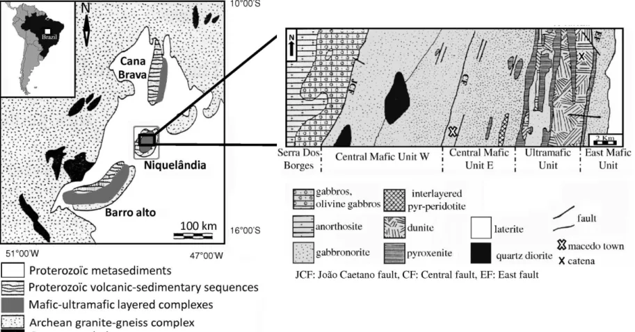 Figure 1 – Geology of the northern Goias, Brazil and of the Niquelândia ultramafic complex   (based on Marini et al, 1984 and Ferreira-Filho et al., 1982)
