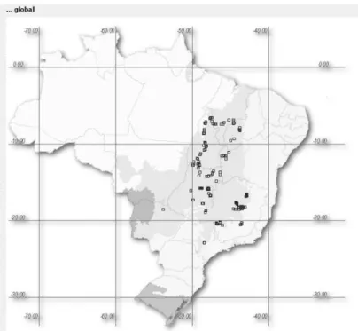Figura 1: Distribuição geográfica das coletas realizadas durante o doutoramento nos estados de Goiás e  Tocantins (Rede speciesLink 2015)