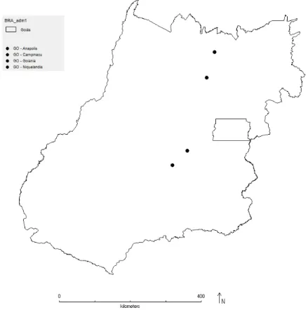 Figura 5: Distribuição geográfica de Calyptranthes concinna DC. no estado de Goiás. 