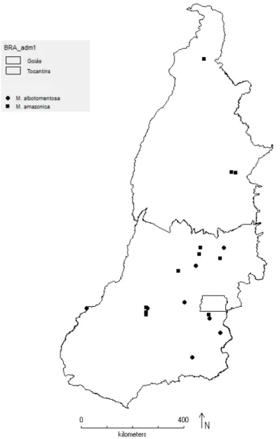 Figura  9:  Distribuição  geográfica  de  Myrcia  albotomentosa  e  M.  amazonica  nos  estados  de  Goiás  e  Tocantins