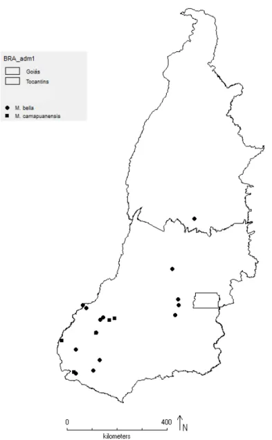Figura  10:  Distribuição  geográfica  de  Myrcia  bella  e  M.  camapuanensis  nos  estados  de  Goiás  e  Tocantins