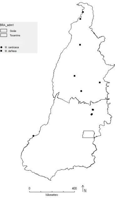 Figura 11: Distribuição geográfica de Myrcia cardiaca e M. deflexa nos estados de Goiás e Tocantins