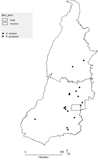 Figura 13: Distribuição geográfica de Myrcia fenzliana e M. goyazensis nos estados de Goiás e Tocantins