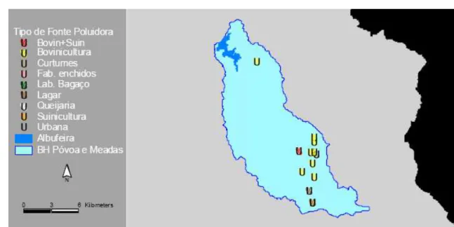 Figura 7 - Fontes de poluição pontual da bacia hidrográfica de Póvoa e Meadas (CCDRA, 2007)