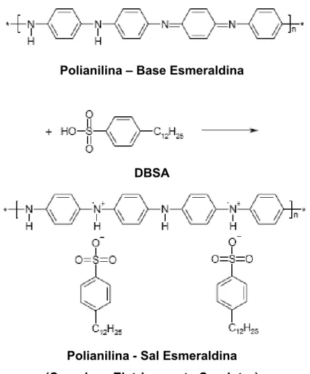 Figura 2. 6. Representação esquemática da protonação da forma base esmeraldina  da PAni por DBSA