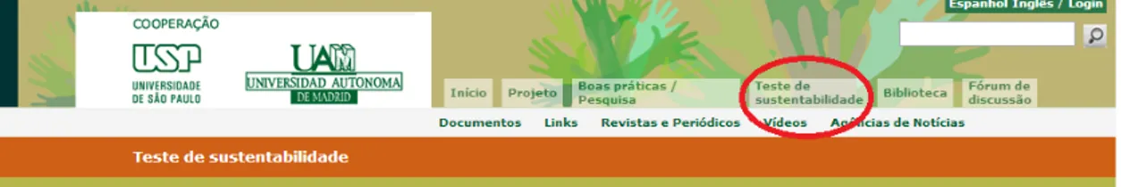 Figura 04 – Imagem da Página da web contendo o Teste de Sustentabilidade  Fonte: http://www.projetosustentabilidade.sc.usp.br/index.php (2012) 