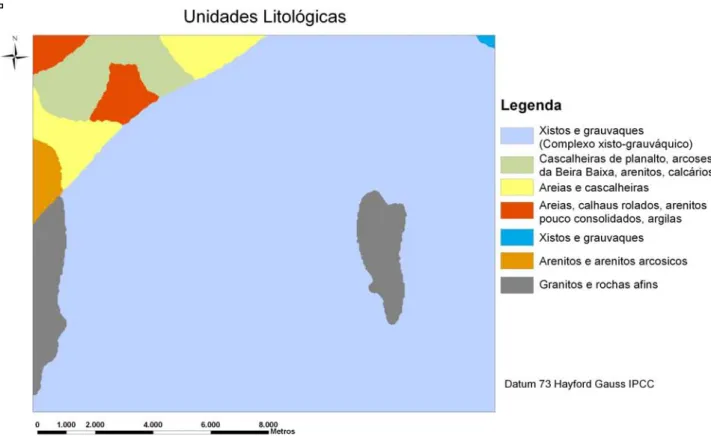 Figura 4.6- Distribuição geográfica das unidades litológicas presentes na área de estudo.