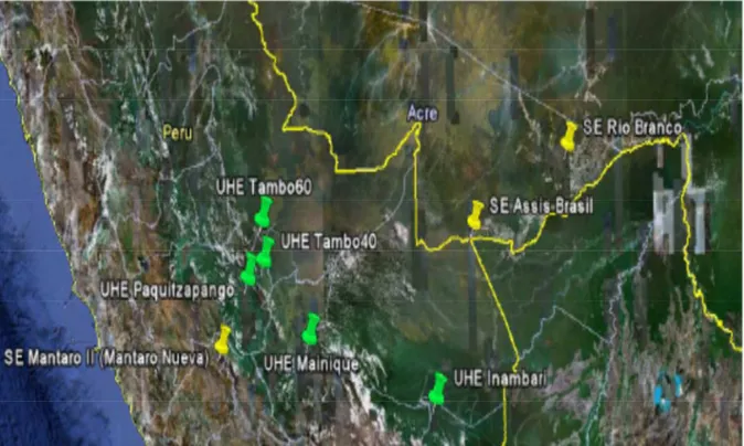 Figura 20 – Localização geográfica das hidrelétricas da Amazônia Peruana. 