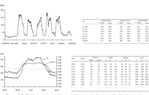 Figura 3.2: Gráficos e tabelas típicos obtidos a partir de um analisador de energia.