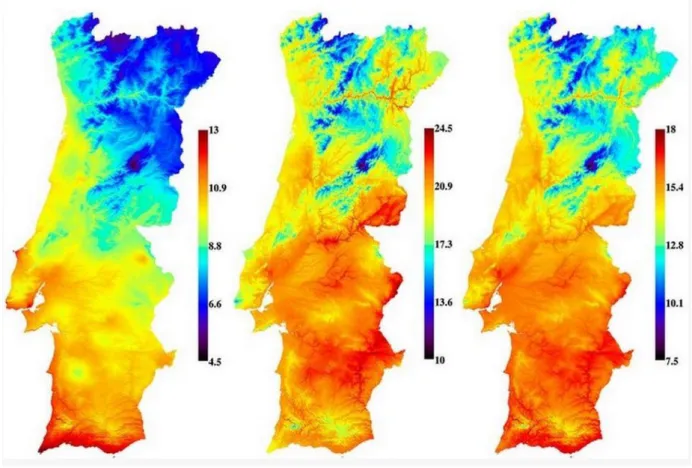 Figure 2.4 - From left to right: minimum mean temperature, maximum mean temperature and mean temperature  in Portugal (ºC) 
