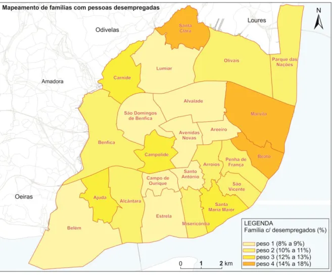 Figura 4.4  –  Mapeamento de famílias com pessoas desempregadas em Lisboa, em cada  freguesia- Informações de Mapeamentos das freguesias, CML, 2013 e elaboração própria