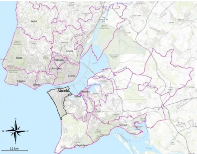 Figura 10 - Localização geográfico de Almada e Área Metropolitana de Lisboa (Fonte: Atlas digital da Área  Metropolitana de Lisboa – 2016, disponível em www.aml.pt) 
