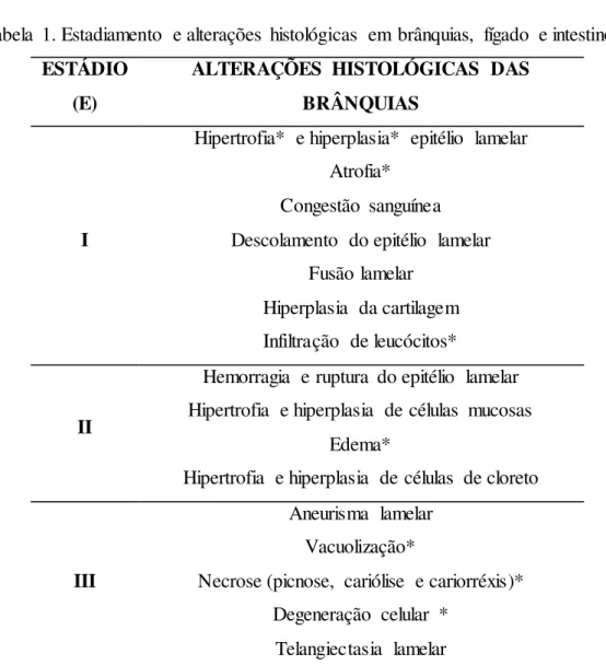 Tabela  1. Estadiamento  e alterações  histológicas  em  brânquias,  fígado  e intestino