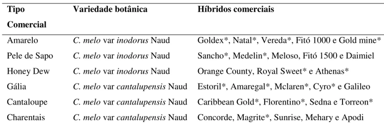 Tabela  2:  Principais  tipos  comerciais  de  melão,  variedade  botânica  e  alguns  exemplos  de  híbridos comerciais cultivados no Nordeste brasileiro
