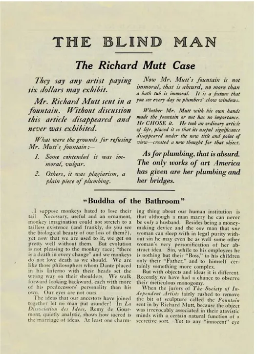 Figura  24  –   Página  da  revista  The  Blind  Man  (1917)  contendo  o  artigo  The  Richard  Mutt  Case  seguido do ensaio Budda of the Bathroom (Buda do Banheiro), de Louise Norton