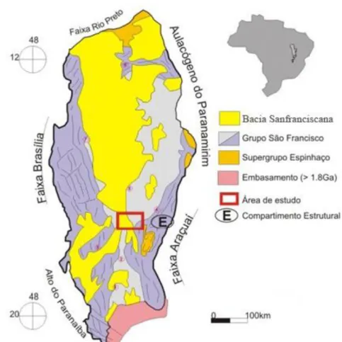 Figura  1:  Mapa  geológico  simplificado  da  Bacia  do  São  Francisco,  enfatizando  as  principais unidades de preenchimento (modificado de Pinto e Martins-Neto, 2001)