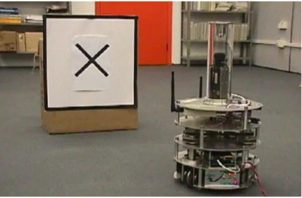 Figura 2.4 - Robô móvel com sistema omnidirecional embarcado e alvo a ser seguido  (Grassi-Jr, 2002)