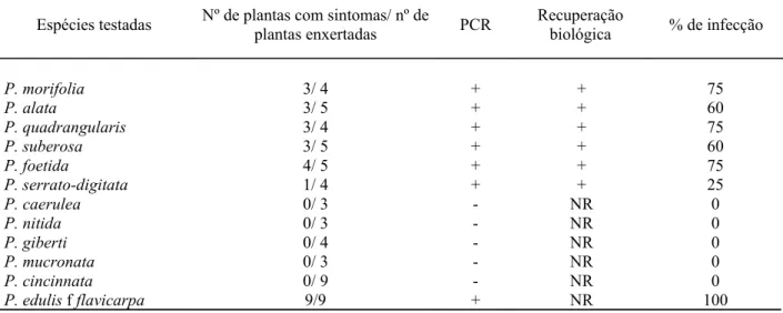 Tabela 2 - Reação de espécies de  Passiflora  ao Passion flower little leaf mosaic virus, avaliadas por meio de  enxertia em maracujazeiro amarelo infectado com o vírus