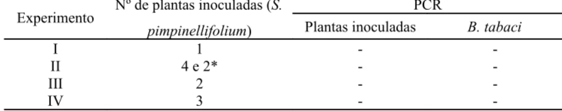 Tabela 6 - Análise de PCR em plantas de S. pimpinellifolium inoculadas com o PLLMV e  em grupos de aleyrodídeos usados para inoculação dessas plantas