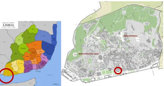 Figura 14. Mapa formado pelas freguesias de Lisboa. Em tons de amarelo, a Zona Ocidental, em destaque, a  Freguesia de Belém 