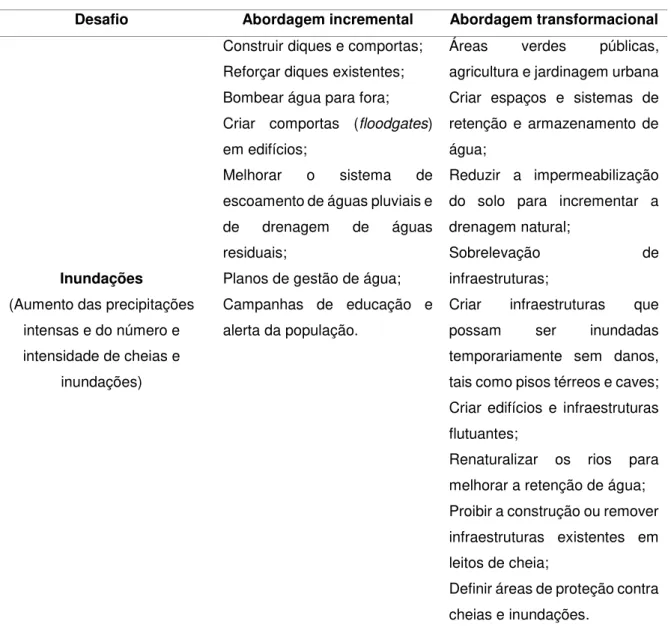 Tabela 2.2 Exemplos de medidas de adaptação às AC, segundo as abordagens incremental e transformacional (Fonte: 