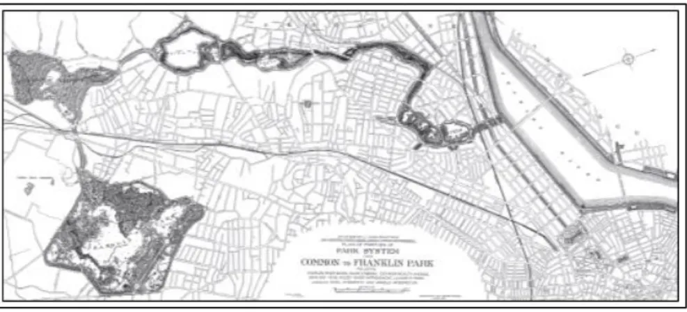 Figura 3.1 Planta do projeto de Olmsted para Boston’s Emerald Necklace, projetado em várias entre 1878 e 1890 (Fonte: 