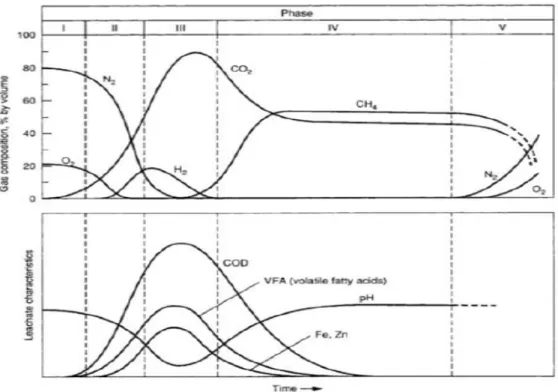 Figure 2.1 - General trends in landfill gas and leachate development (Tamru, 2015). 