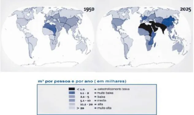 Figura 2.4 - Evolução e Estimativa da Disponibilidade de água global desde 1950 até 2025 (Banco Mundial,  2007; Araújo, 2013) 