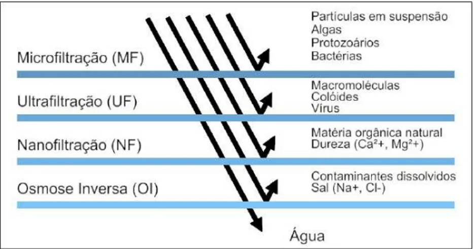 Figura 2.10 - Processos de separação por membranas e suas capacidades de remoção de substâncias, sais,  contaminantes, organismos, partículas, entre outros (Fonte: NRC, 2008; Araújo, 2013) 
