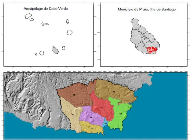Figura 3.3  –  Mapa da Cidade da Praia e sua divisão por categorias de região (Urbana - U e Rural - R) – (Fonte: 