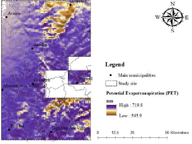 Figure 8 - Potential evapotranspiration (PET) (mm) of the study area.  