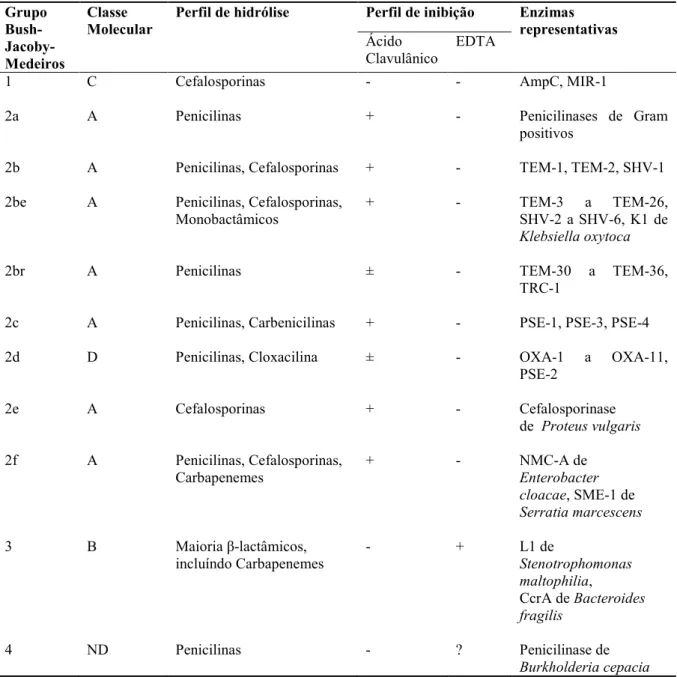 Tabela 3. Classificação das β&amp;lactamases bacterianas (Adaptado de Bush 1995)  Grupo  Bush Jacoby Medeiros  Classe  Molecular 
