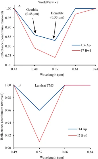 Figure 1.  Reflectance  spectra  subjected  to  the  continuum  removal and resampled to: A, WorldView-2 bands, showing  goethite and hematite spectral features; and B, for  Landsat-TM5
