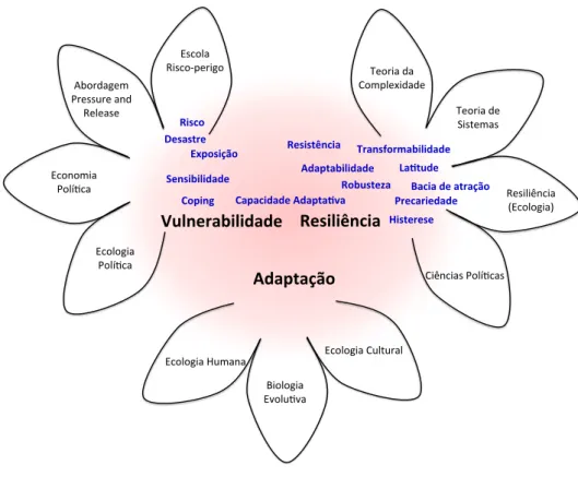 Figura 10 Diagrama  representando  alguns  elementos  do  terreno  teórico-conceitual  interdisciplinar  que  se  configura  na  pesquisa  em  impactos,  vulnerabilidade  e  adaptação  às  mudanças  ambientais  globais  (área  em  vermelho)