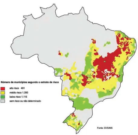 Figura 7:  Distribuição  dos municípios brasileiros conforme estratificação de  risco de transmissão vetorial domiciliar da doença de Chagas segundo Silveira 