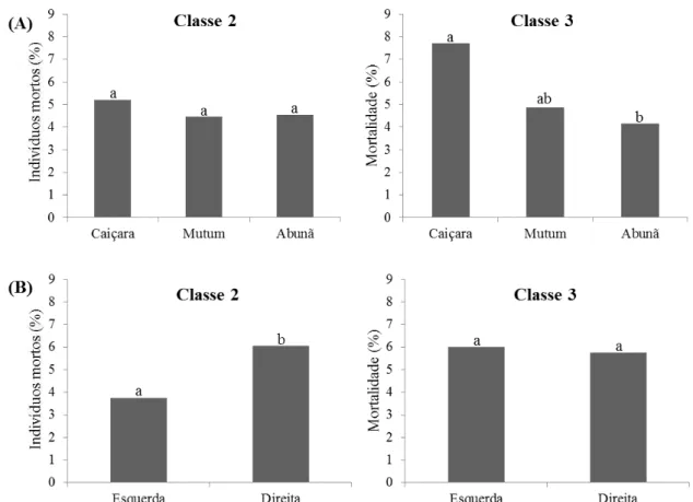 Figura 8. Porcentagem de indivíduos arbóreos mortos em pé para as classes de diâmetro (Classes 2: 10 cm ≤  DAP  &lt;  30  cm  e  Classe  3:  DAP  ≥  30  cm)  em  florestas  de  terra  firme,  no  noroeste  de  Rondônia