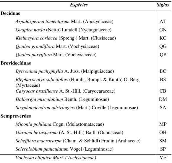 Tabela  1  -  Espécies  selecionadas  para  o  estudo,  separadas  por  grupos  fenológicos
