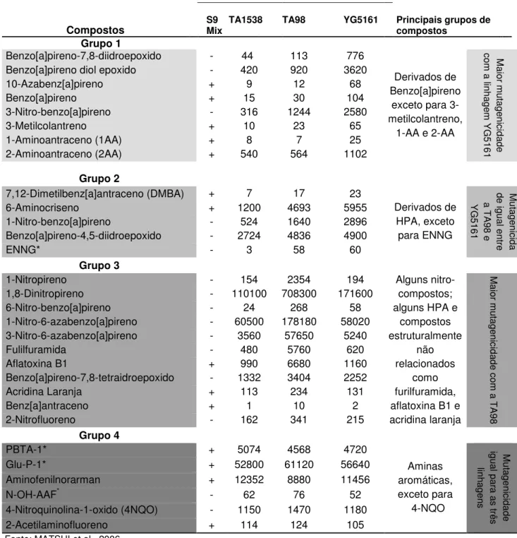 Tabela 2 – Potência mutagênica de 30 compostos com as linhagens TA1538, TA98  e YG5161 de S
