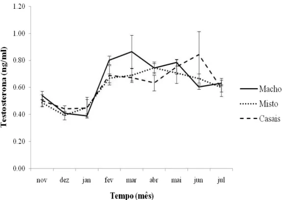 Figura 1.4.  Variação da concentração de testosterona no plasma sanguíneo de  Volatinia   jacarina dividida em três tratamentos: tratamento só com machos, tratamento com machos  e fêmeas e tratamento com casais